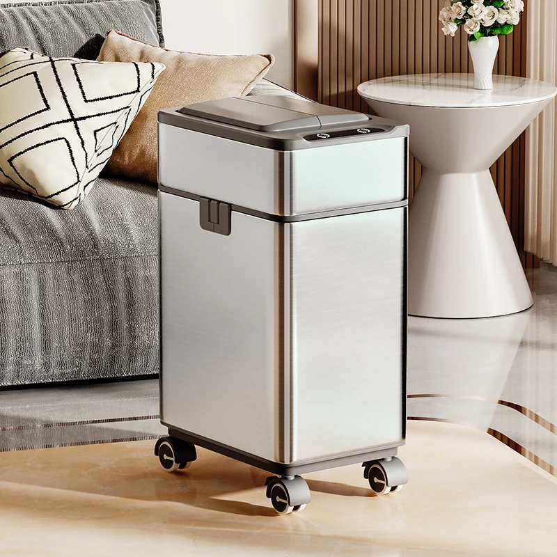 客厅垃圾桶高颜值家用2025大号不锈钢智能感应自动打包带轮可移动