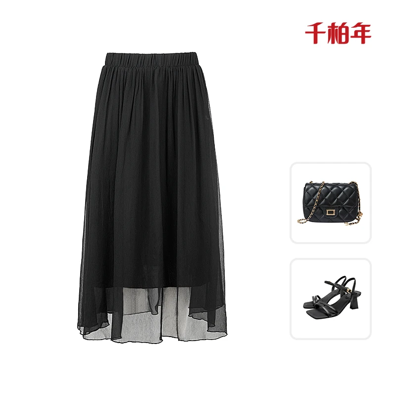 千柏年【墨韵逸摆】100桑蚕丝时尚黑色真丝不规则半身裙-C2150