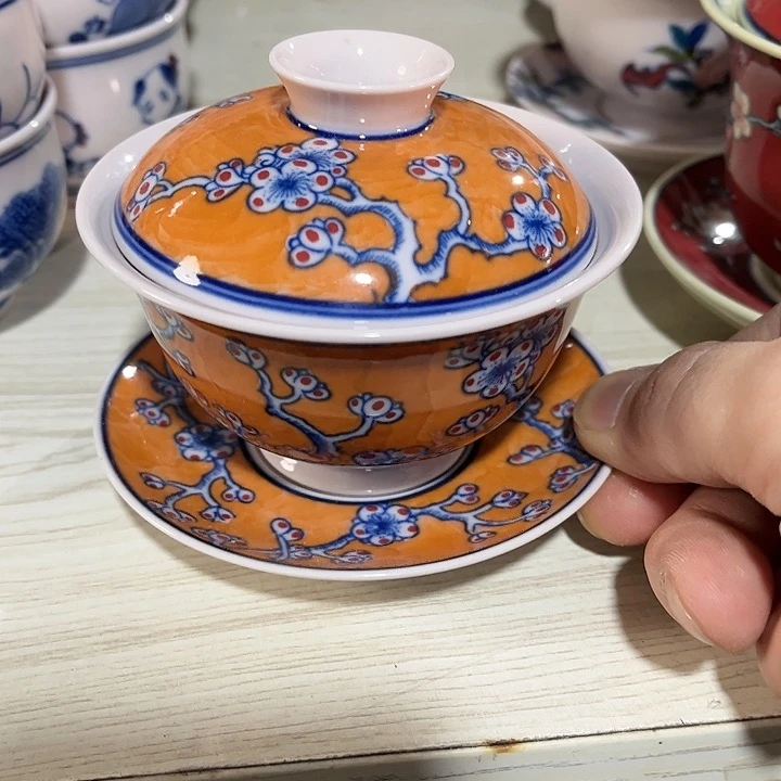 瓷片景德镇陶瓷盖碗。红。