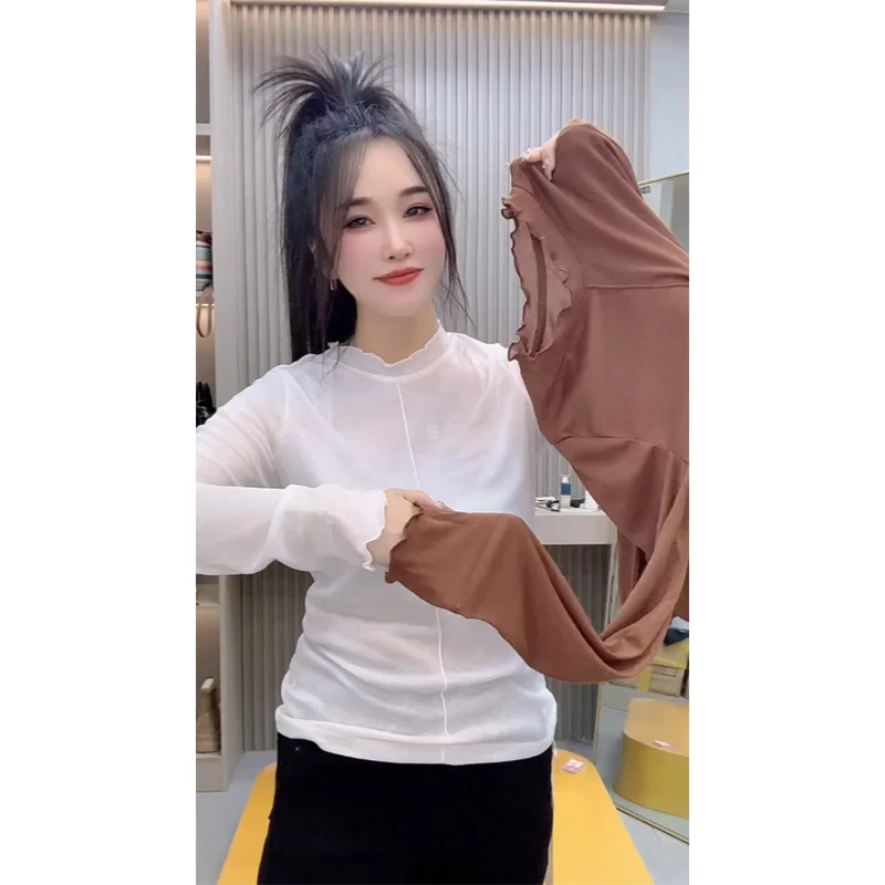 2025早秋新款简约时髦基础百搭修身显瘦打底木耳边长袖T恤上衣女