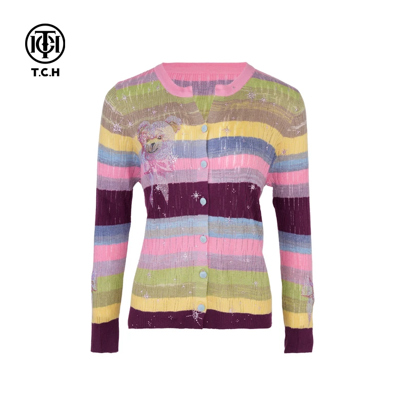 私服-TCH烫钻小熊时尚休闲针织开衫提花长袖印花圆领秋冬拼色秋季