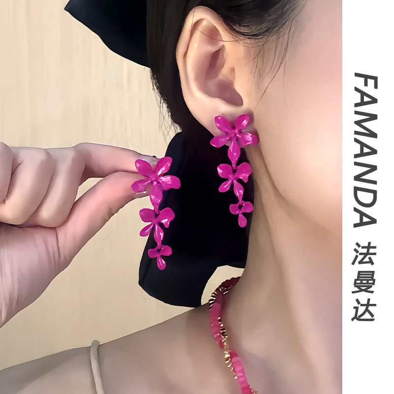 铜合金耳饰 【玫红朵朵】玫红时尚小众简约气质轻奢法式少女耳钉女