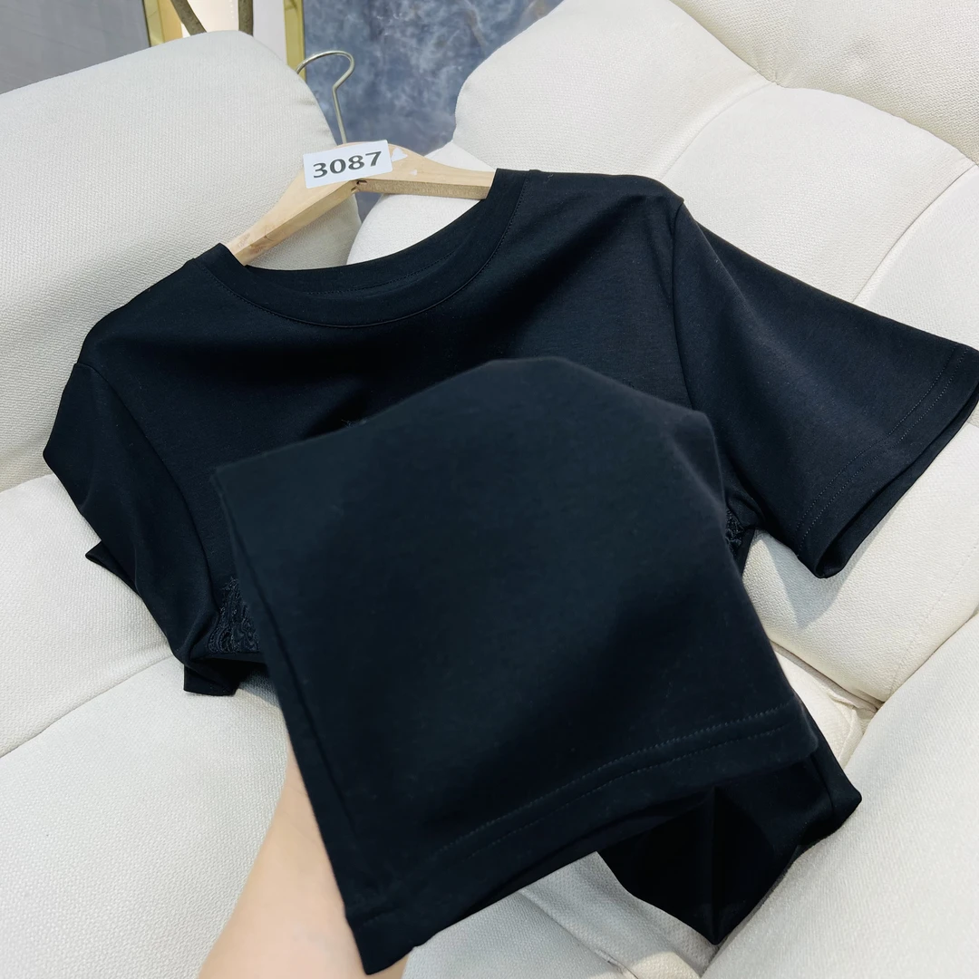 3087黑#复古重工刺绣文艺风短袖上衣T