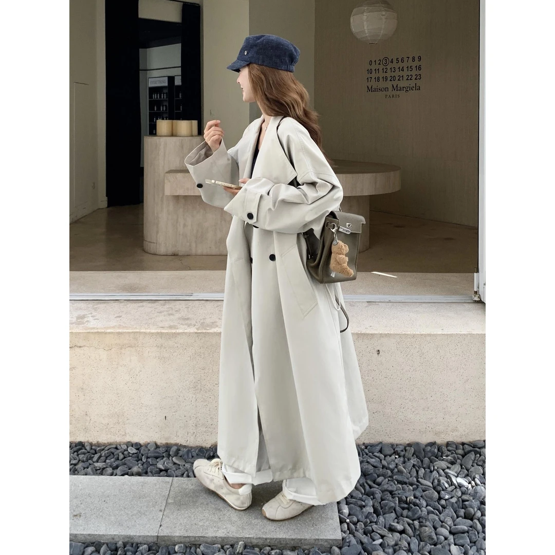 米白色时髦长款风衣外套女春秋新款韩系英伦风宽松休闲高个子大衣