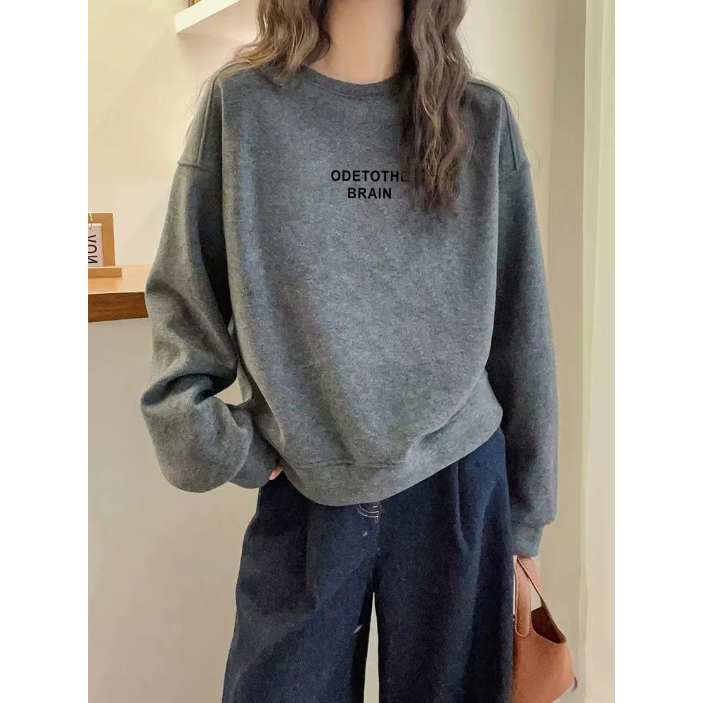 秋冬季高级灰圆领套头字母加绒卫衣女休闲薄款无帽上衣设计感外套