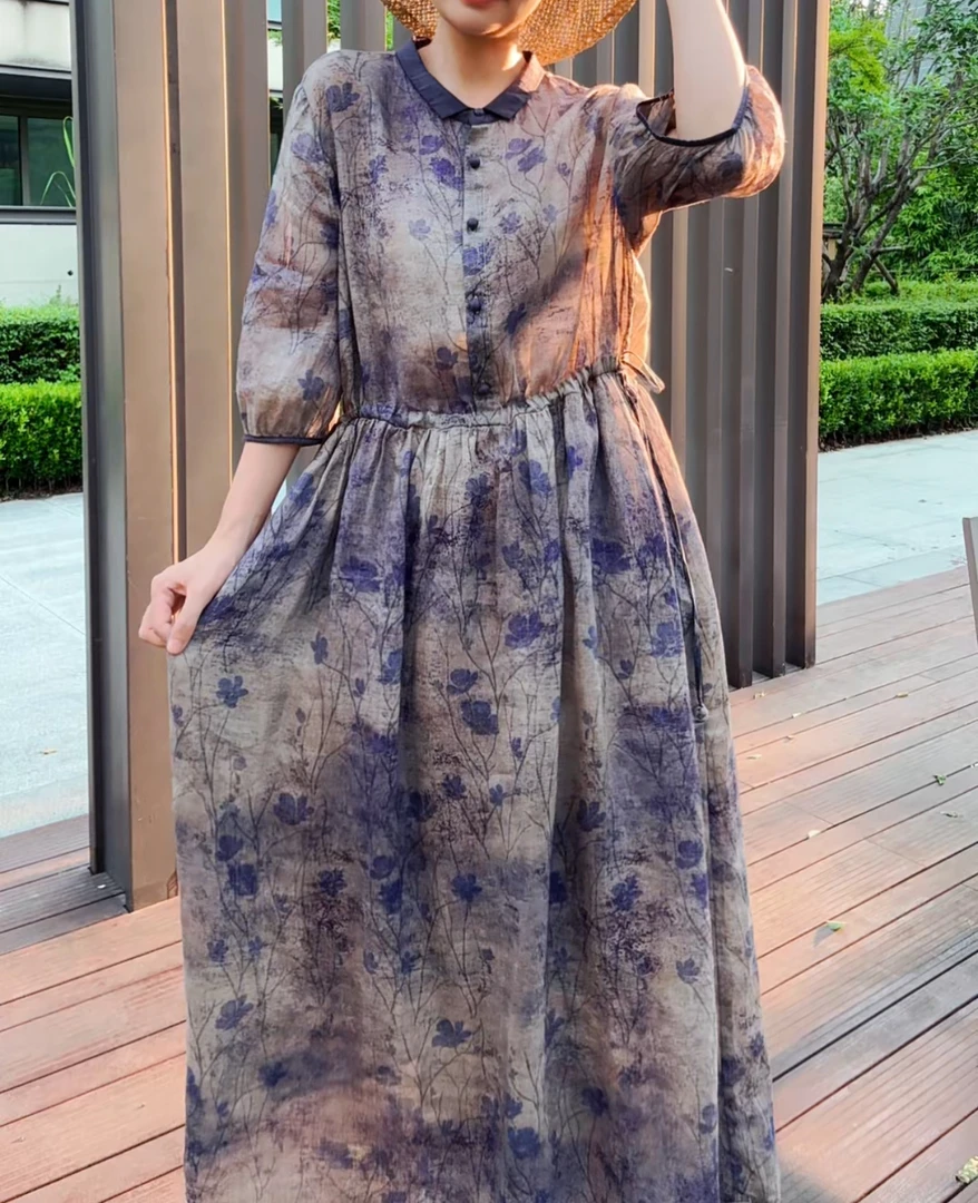 清霜醉-植物炒色100%苎麻连衣裙50766