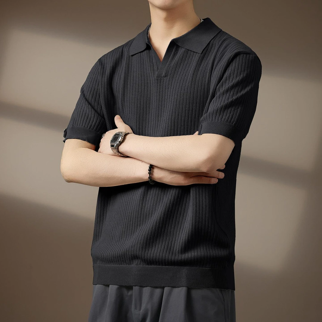 男装老钱风冰丝针织半袖Polo衫男夏季韩版潮流商务休闲短袖V领T恤