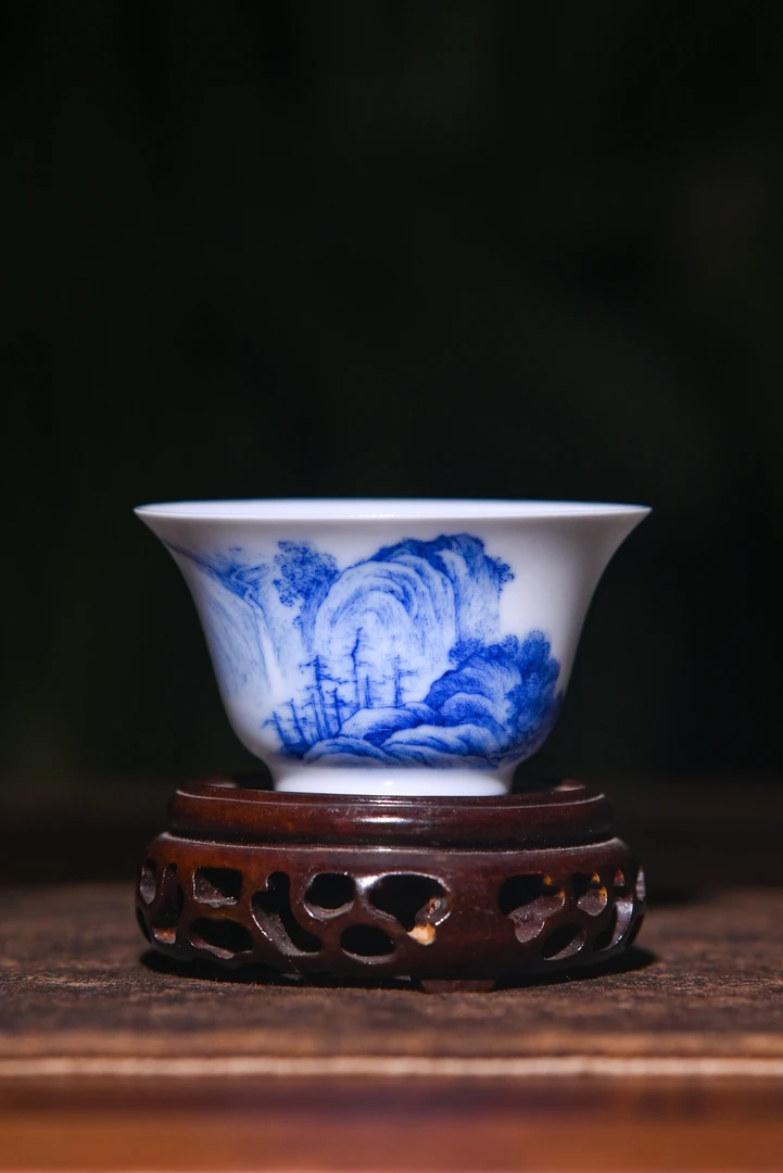 景德镇快雪时晴青花山水马蹄杯（薄胎）A2茶杯