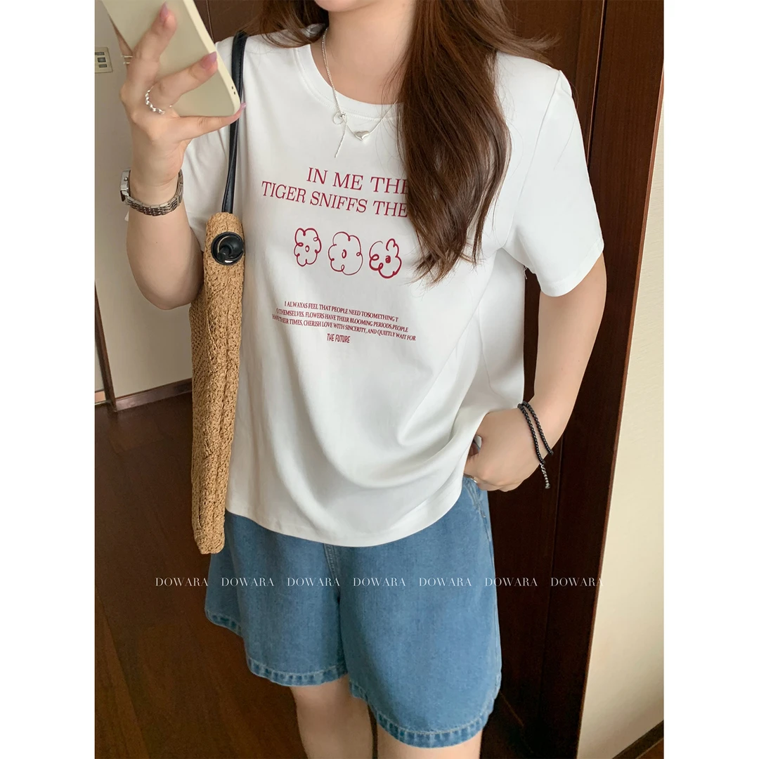 现货9024D大婉酱微胖定制印花正肩短袖t恤女夏季宽松百搭简约上衣