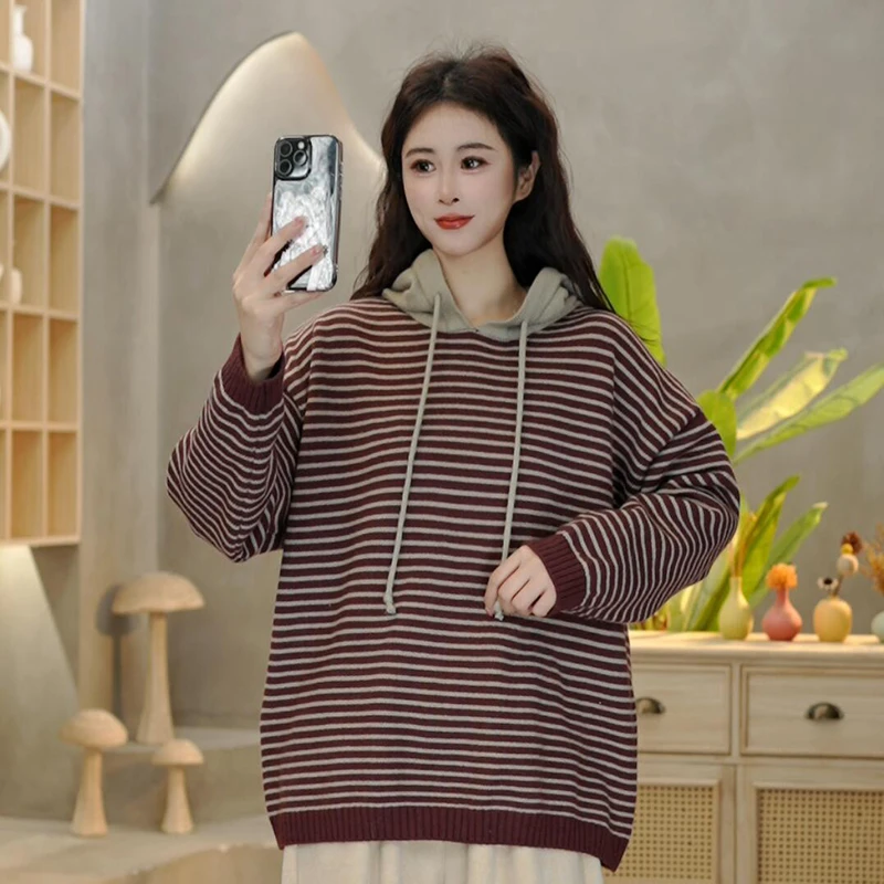 5115 冬季新款韩系百搭个性时尚毛衣经典撞色条纹连帽针织上衣