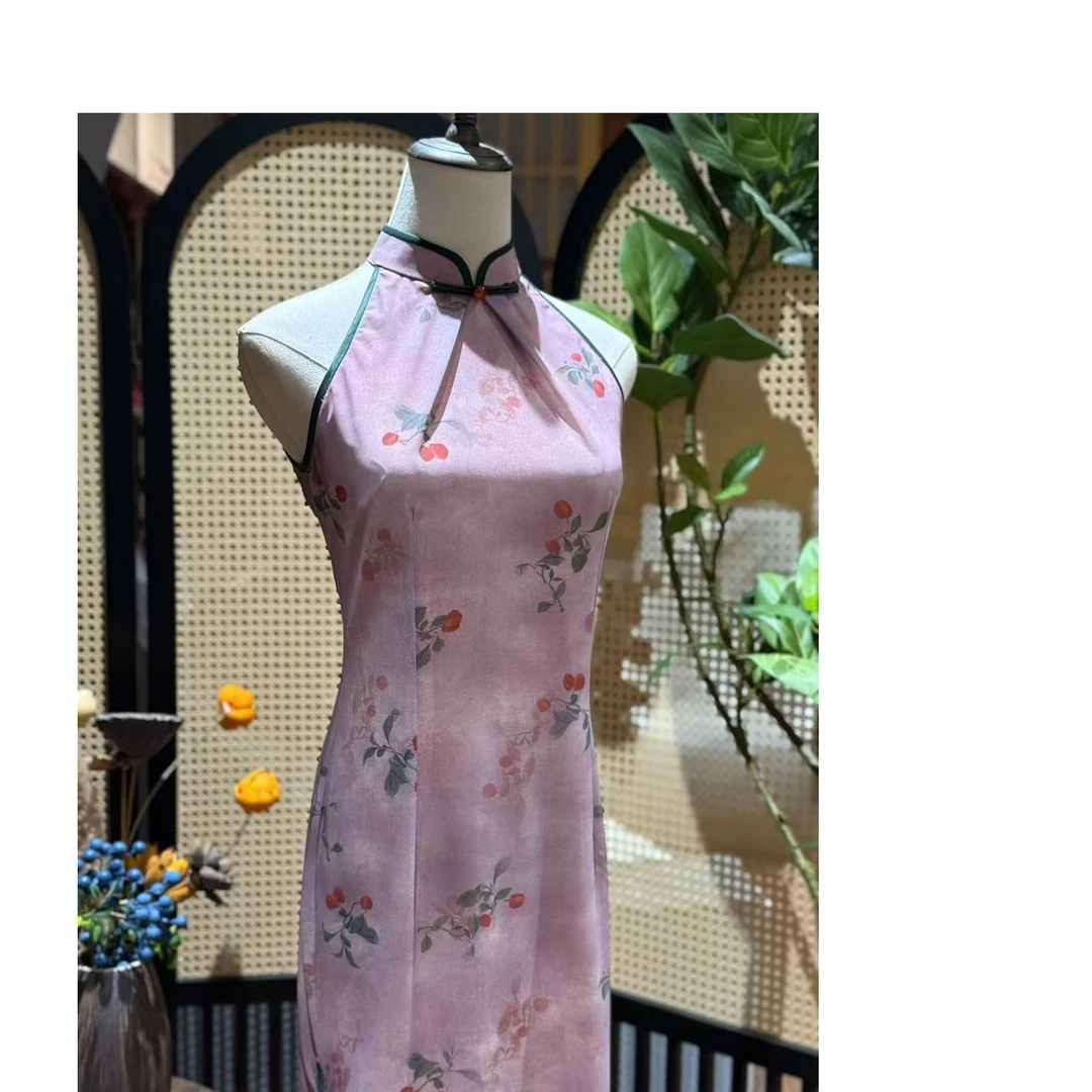 戚薇原创【桃气妖妖】长120双层夏季新品时尚挂脖旗袍