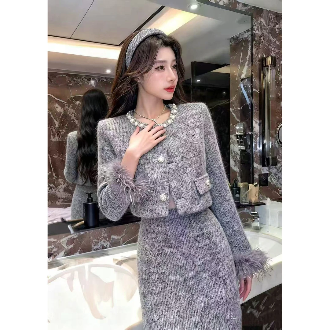 加棉秋冬季森女精致感名媛套装裙拼接开衫外套+小众风A字半身裙