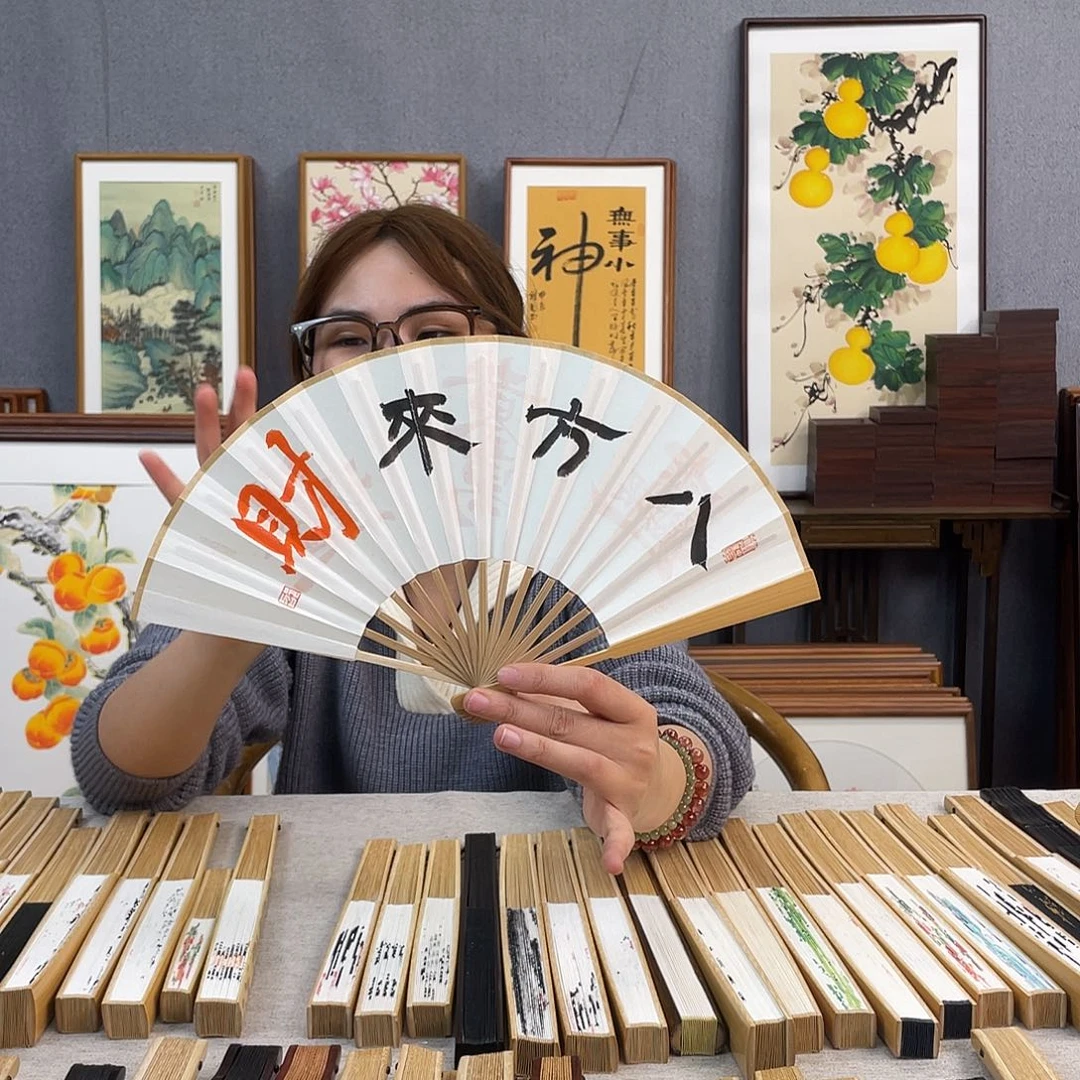 国画6寸玉竹-纯手绘-文玩扇骨（默认粘好）