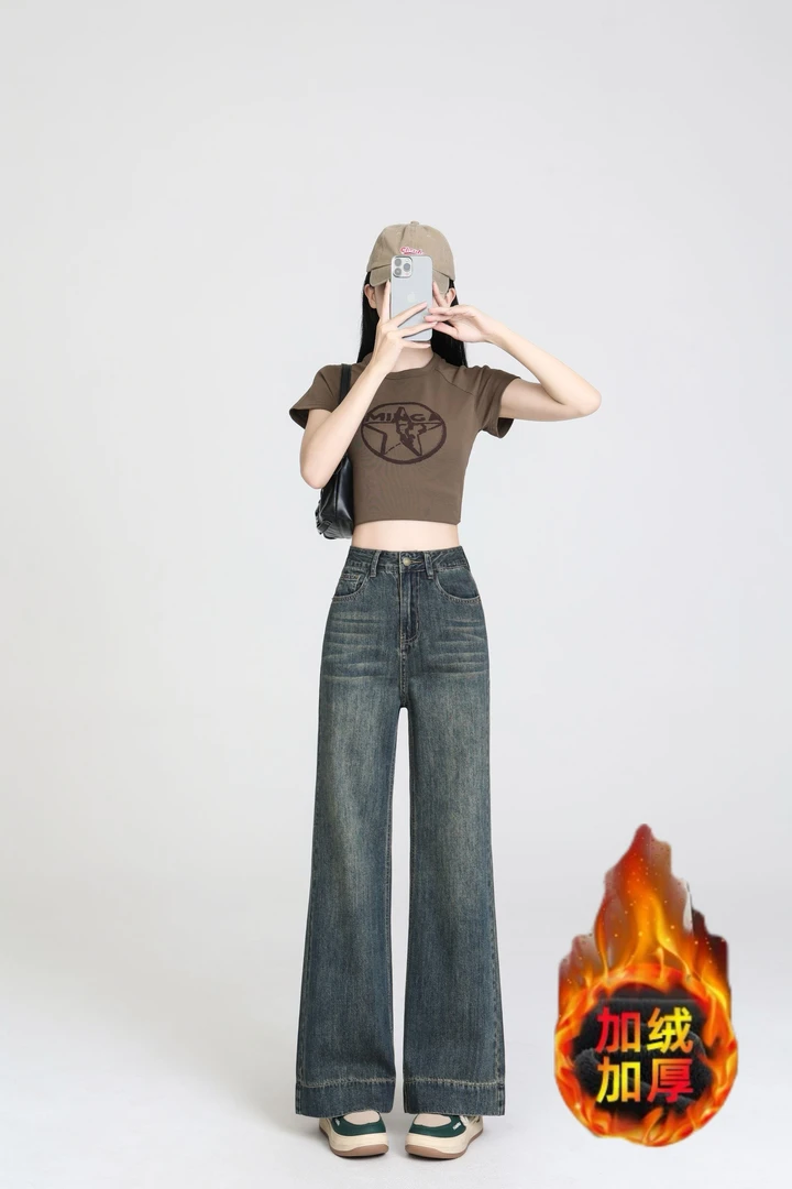 （单裤/加绒➕运费险）秋冬牛仔裤加厚绒女高腰百搭显瘦直筒微喇叭裤