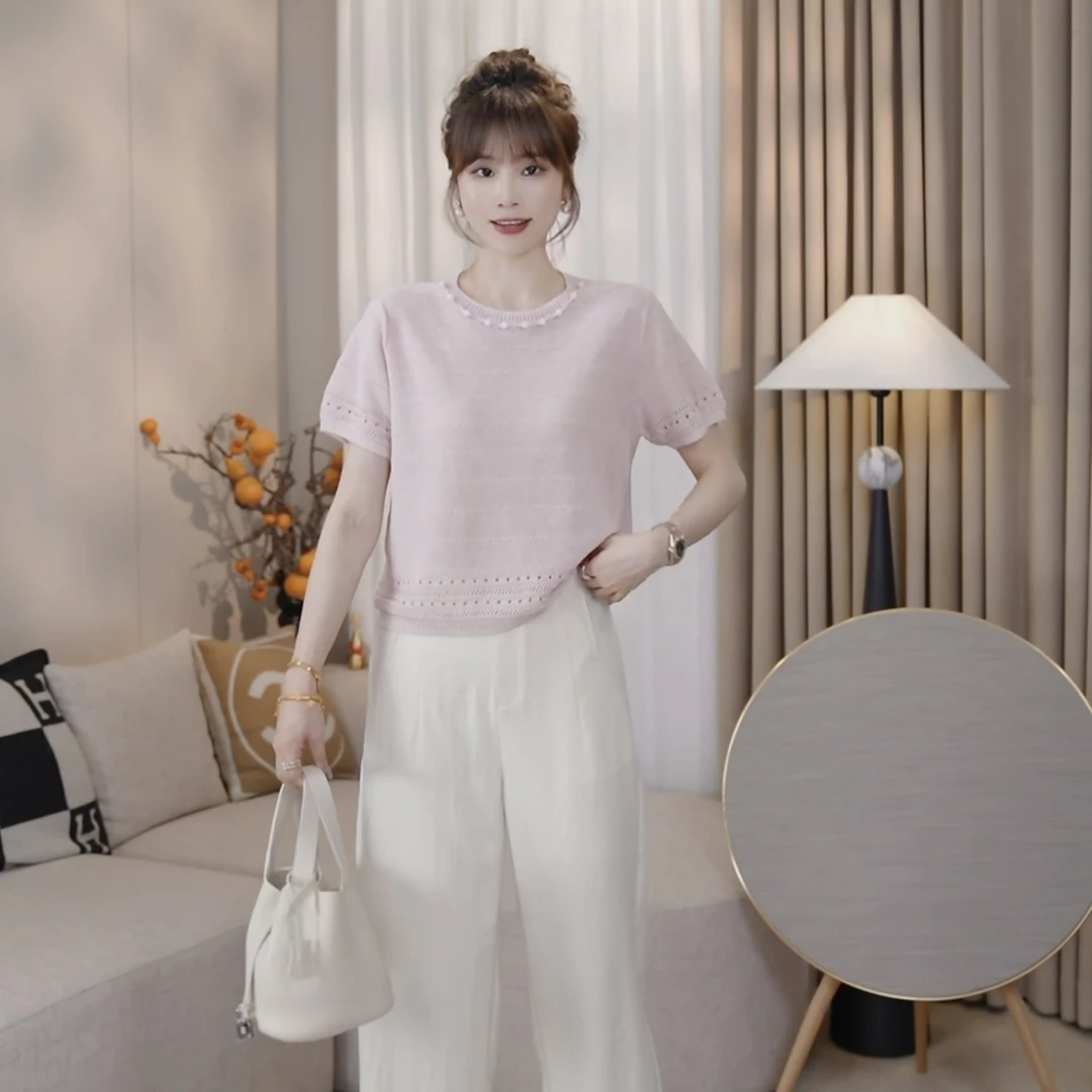 LMENY水晶链~和纸纱镂空串珠领显瘦针织衫25BM049