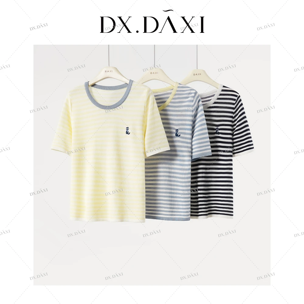 DX.DAXI【平行线条】天丝条纹撞色针织短袖T恤