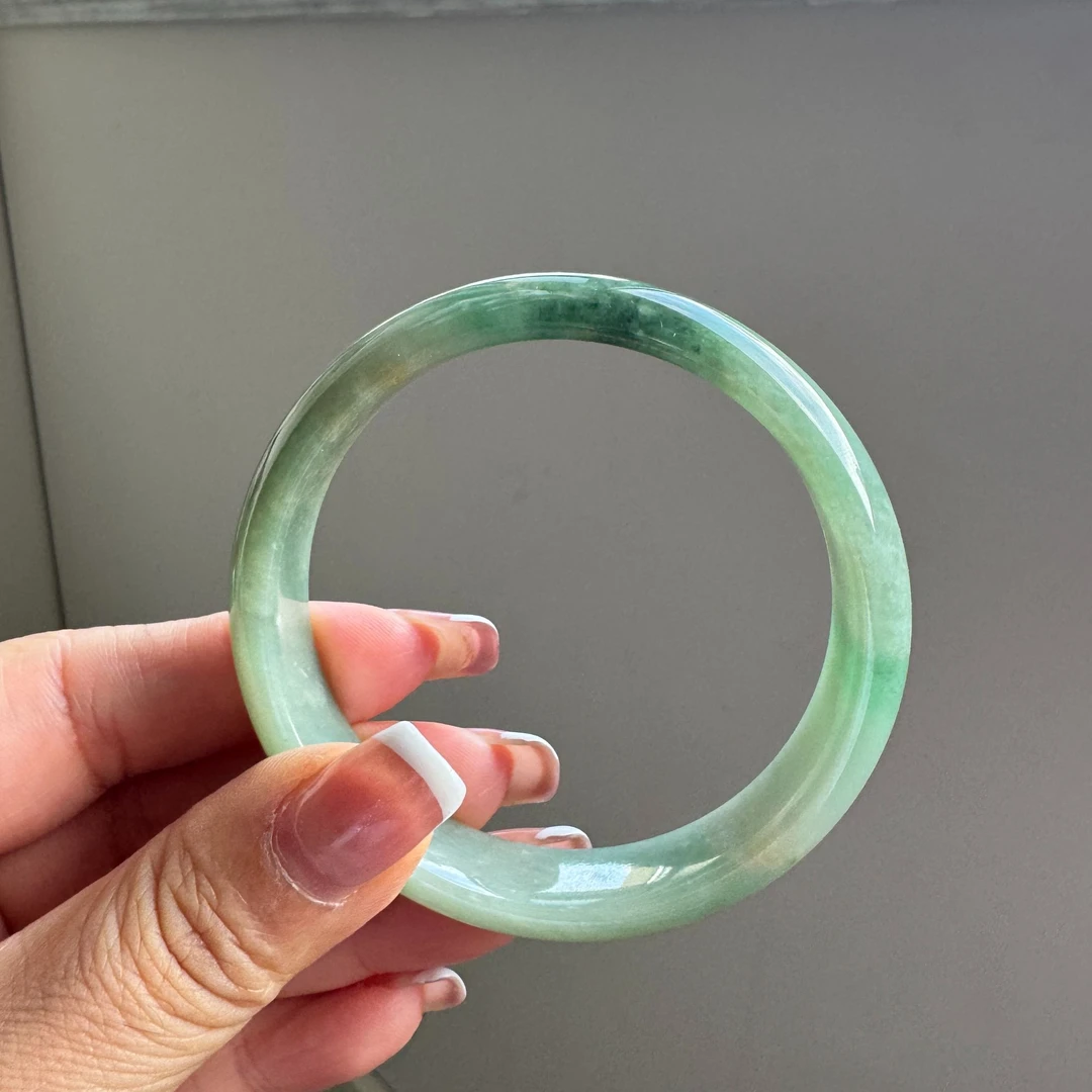 特色镯 57正圈老坑老料绿飘花洒黄翡缅甸A货翡翠手镯送证书D844