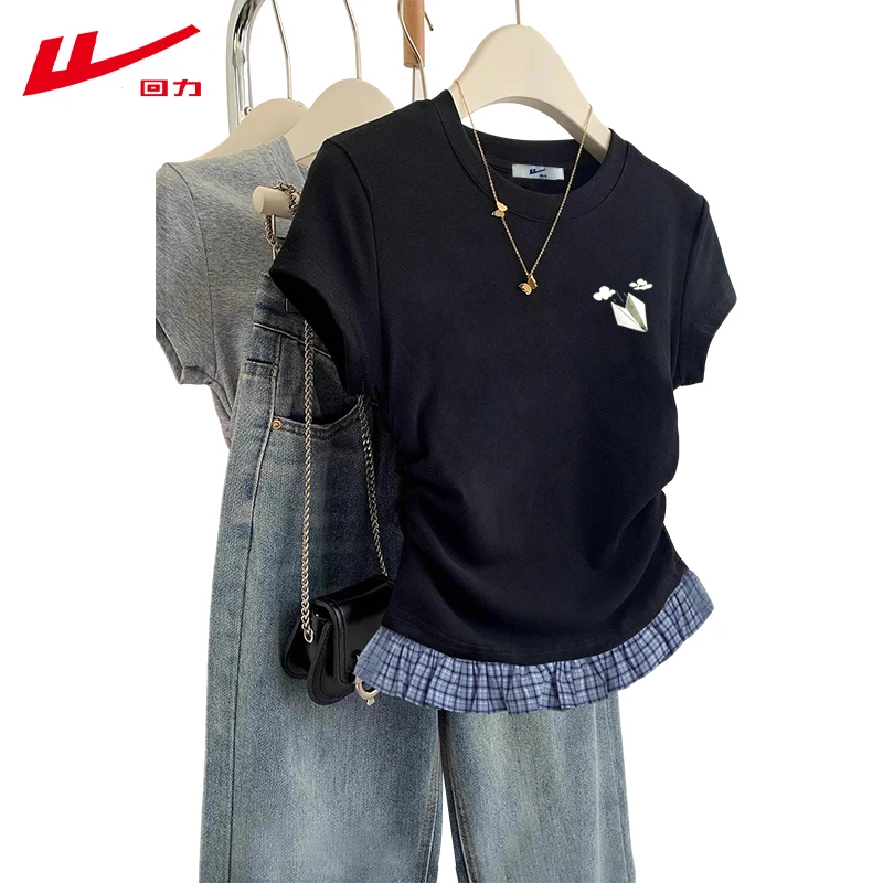 回力夏季学院风棉短袖T恤女修身百搭正肩短款辣妹多巴胺夏装
