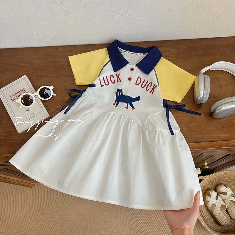 女童夏季新款POLO领可爱猫咪连衣裙女宝宝休闲时尚洋气休闲潮牌款