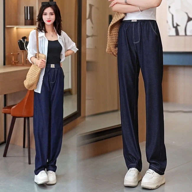 022/天丝牛仔裤女薄款冰丝2025新款高腰宽松阔腿显瘦垂感裤子