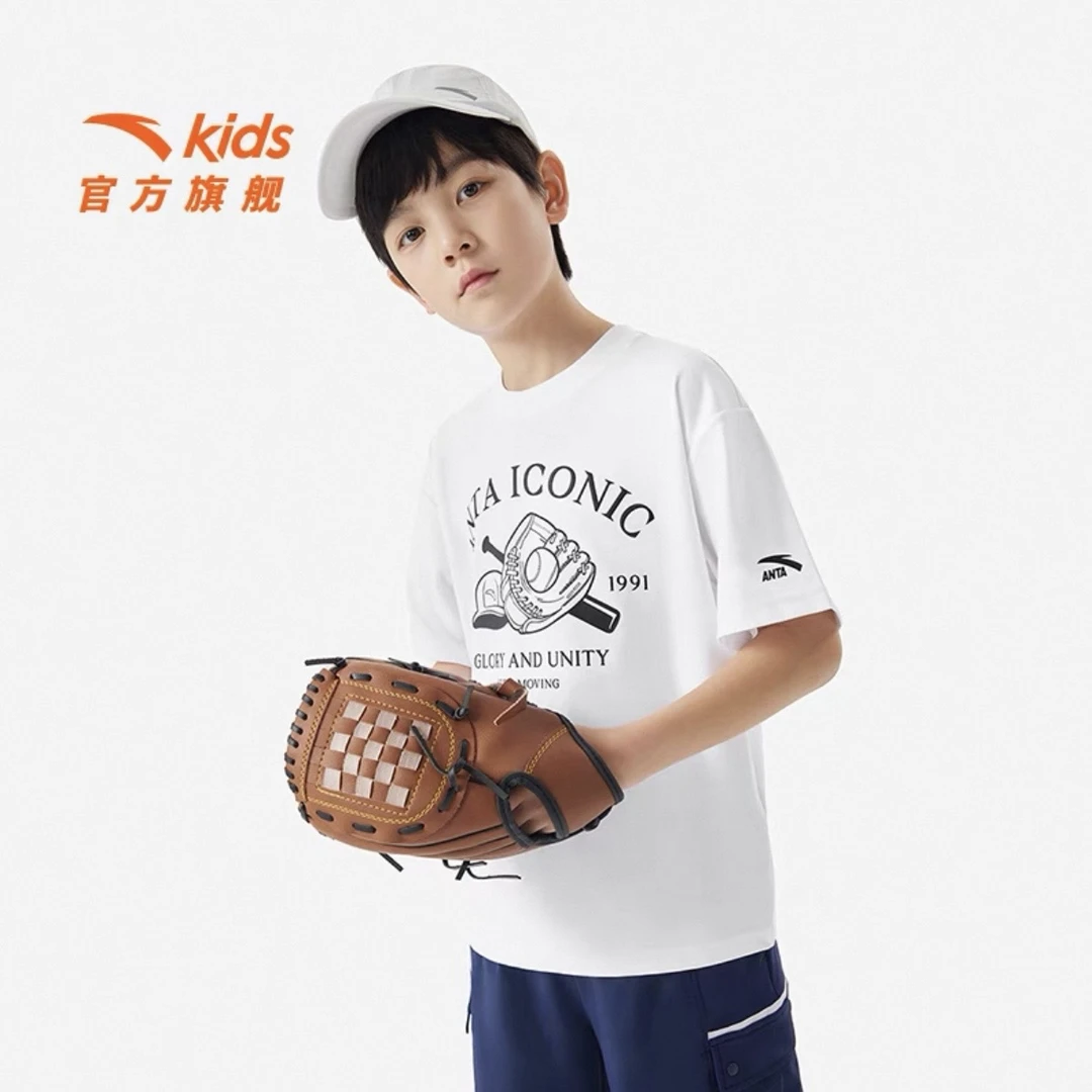 安踏儿童男大童针织短袖衫2025夏季新款透气柔软青少年圆领短袖潮