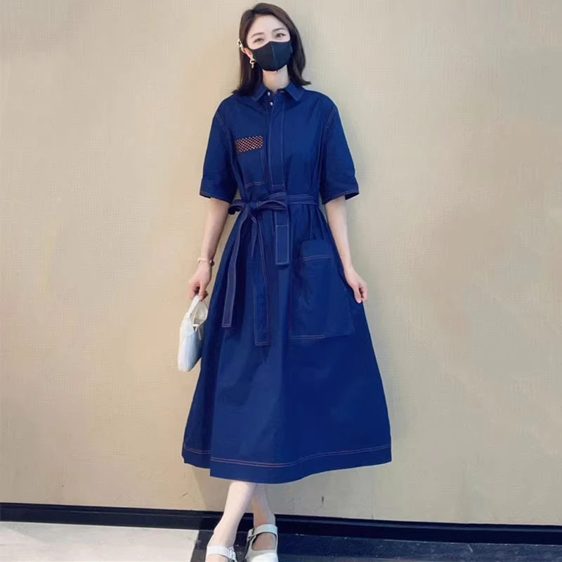 【商场同款】春夏新款百搭翻领短袖收腰系带短袖衬衫连衣裙5500390