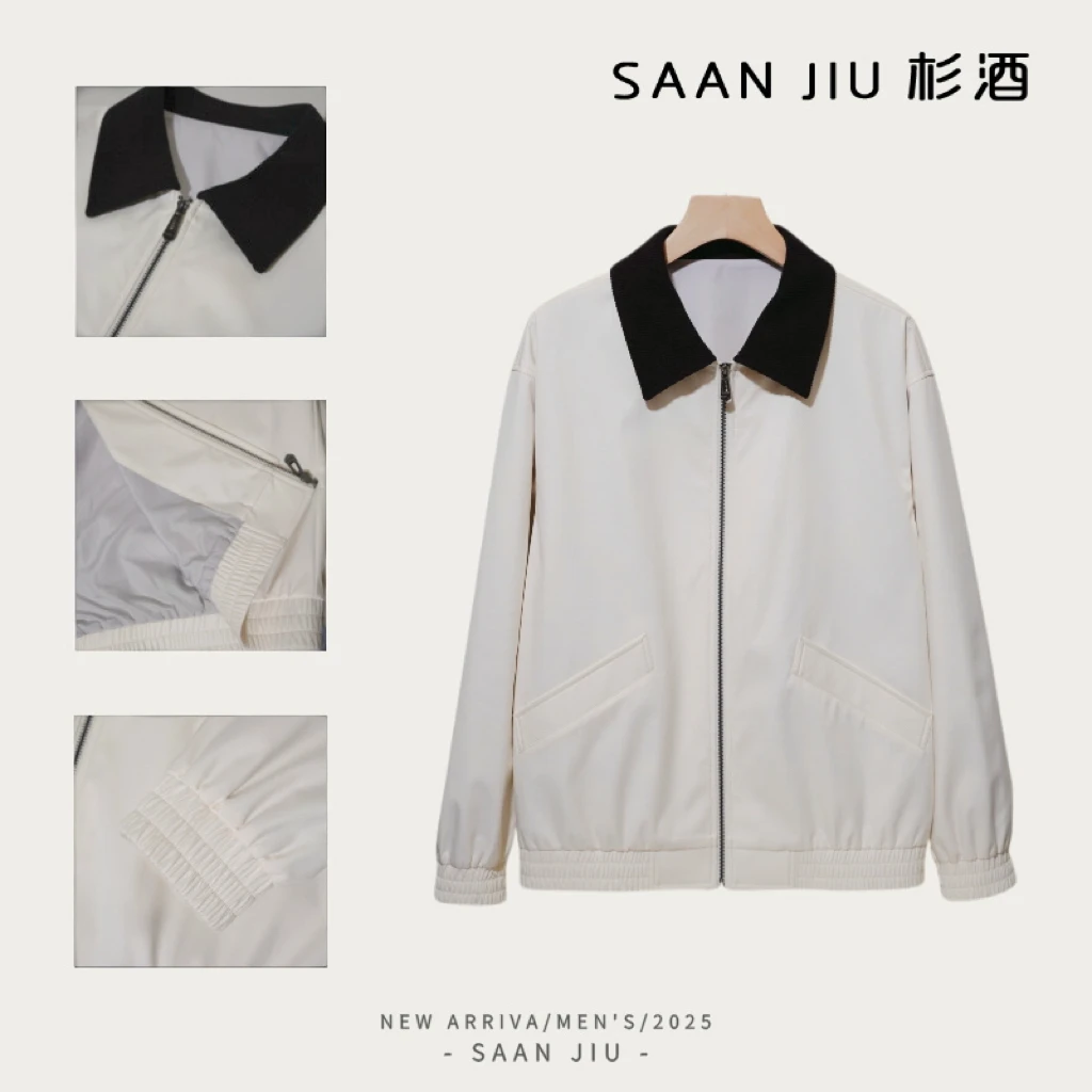 SJ2025【巴恩风】拼色翻领男士春季时尚休闲百搭复古撞色男装