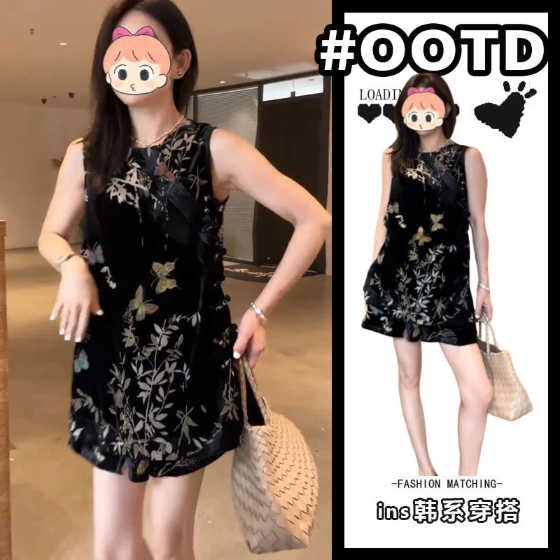 新中式国风印花无袖套装女夏季新款港风复古无袖上衣短裤两件套装