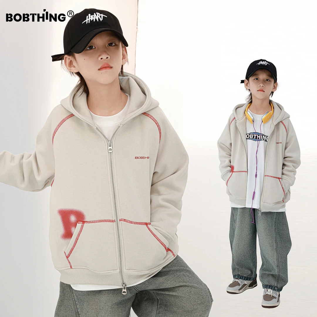 男童明线个性连帽卫衣秋冬拉链开衫儿童加厚一体绒针织外套潮童装