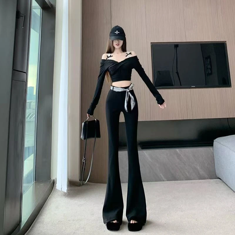 2025轻奢丝巾马蹄西装裤女秋季绑带高腰微喇裤修身垂感拖地长裤