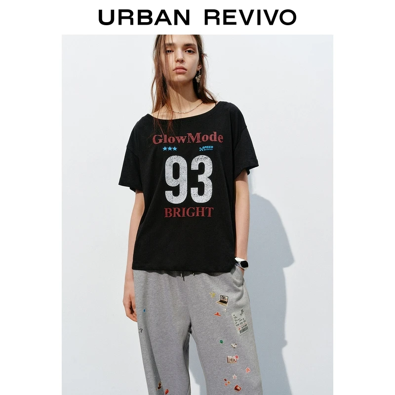 UR2025秋季新款女装潮流复古撞色印花斜肩领T恤UYV450234