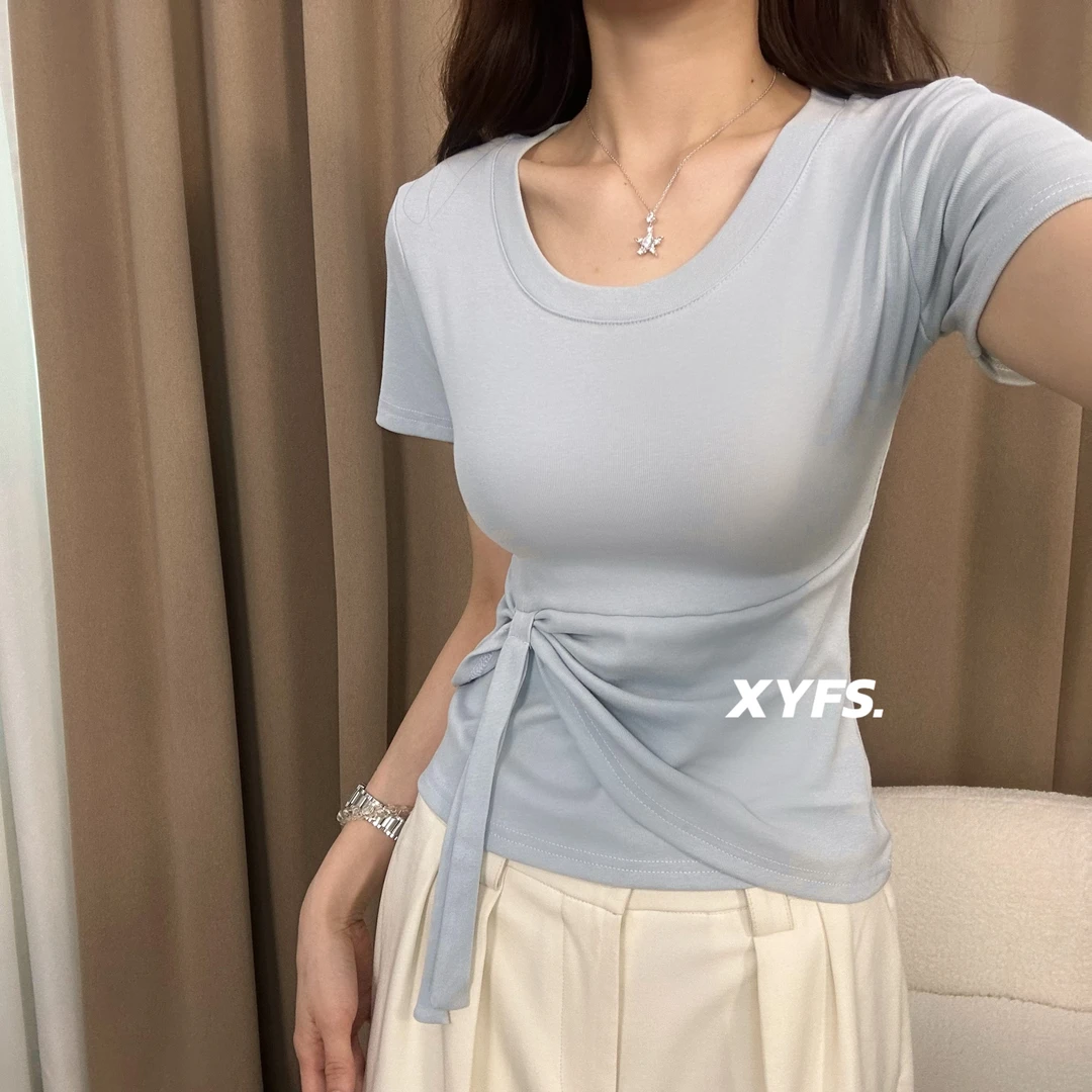 2025夏季新款韩版小众设计掐腰绑带短袖上衣T桖时尚百搭显瘦