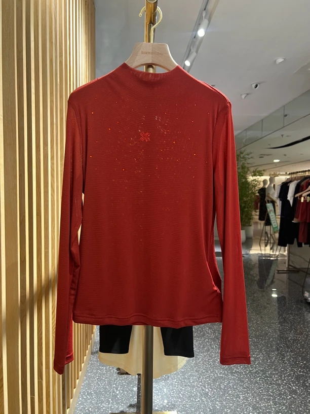 声雨竹7R054半高领常规高弹力网纱简约极简风长袖打底衫时尚气质