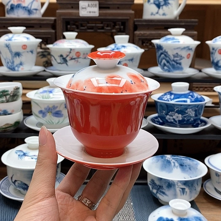 手绘龙船花盖碗160cc釉下彩微瑕福利款