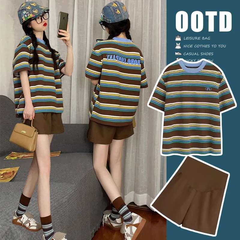 夏季舒适孕妇装2025新款爆款女洋气复古时髦条纹上衣休闲孕妇套装