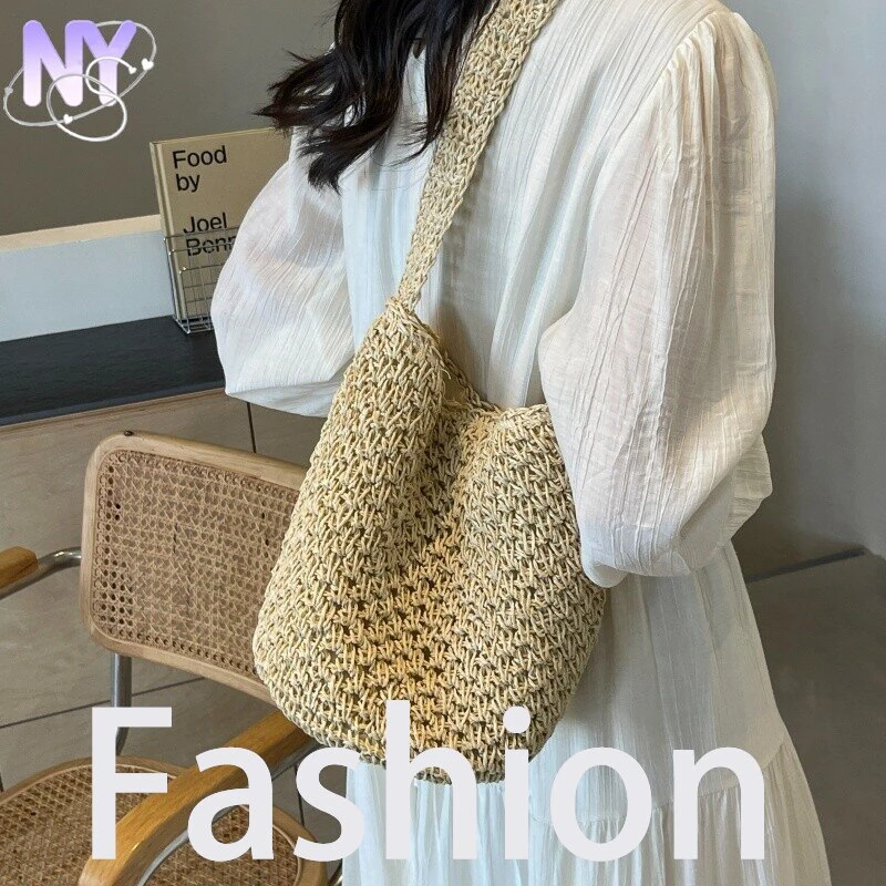 【轻奢甄选】小清新草编包包女2025新款森系文艺单肩水桶包海边度假