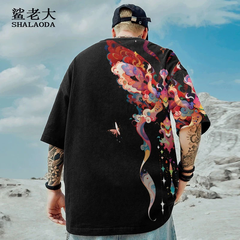 蝴蝶印花短袖T恤男设计感小众夏季薄款圆领半袖oversize落肩体恤
