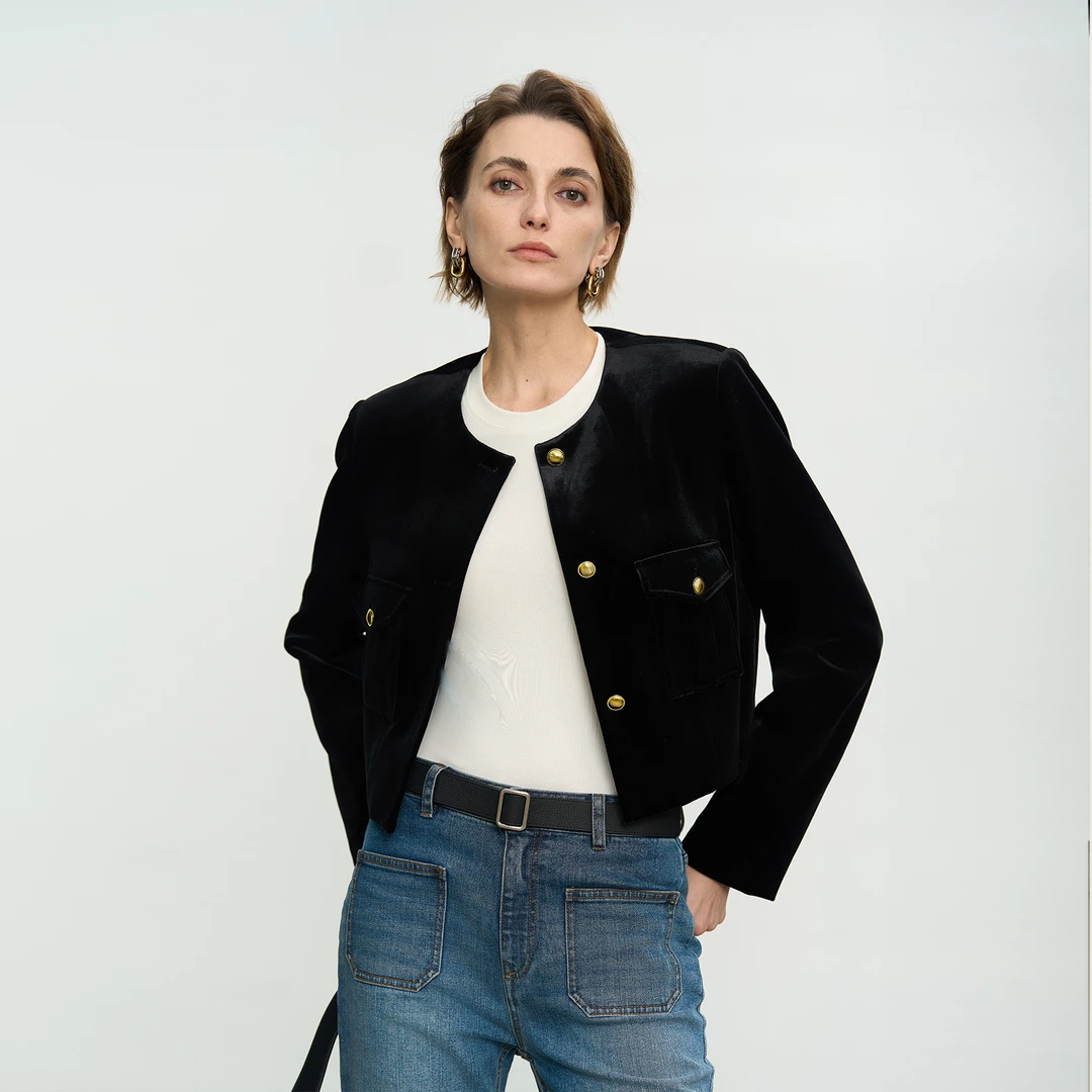 CEMO欧若风复古小香风丽丝绒 短款圆领小夹克外套女CM60525005