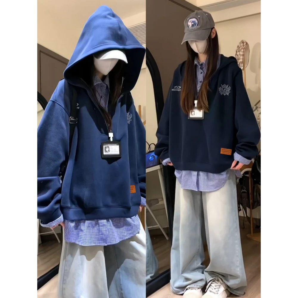 学院风拼接格子衬衫假两件连帽卫衣女秋冬新款加绒加厚外套上衣