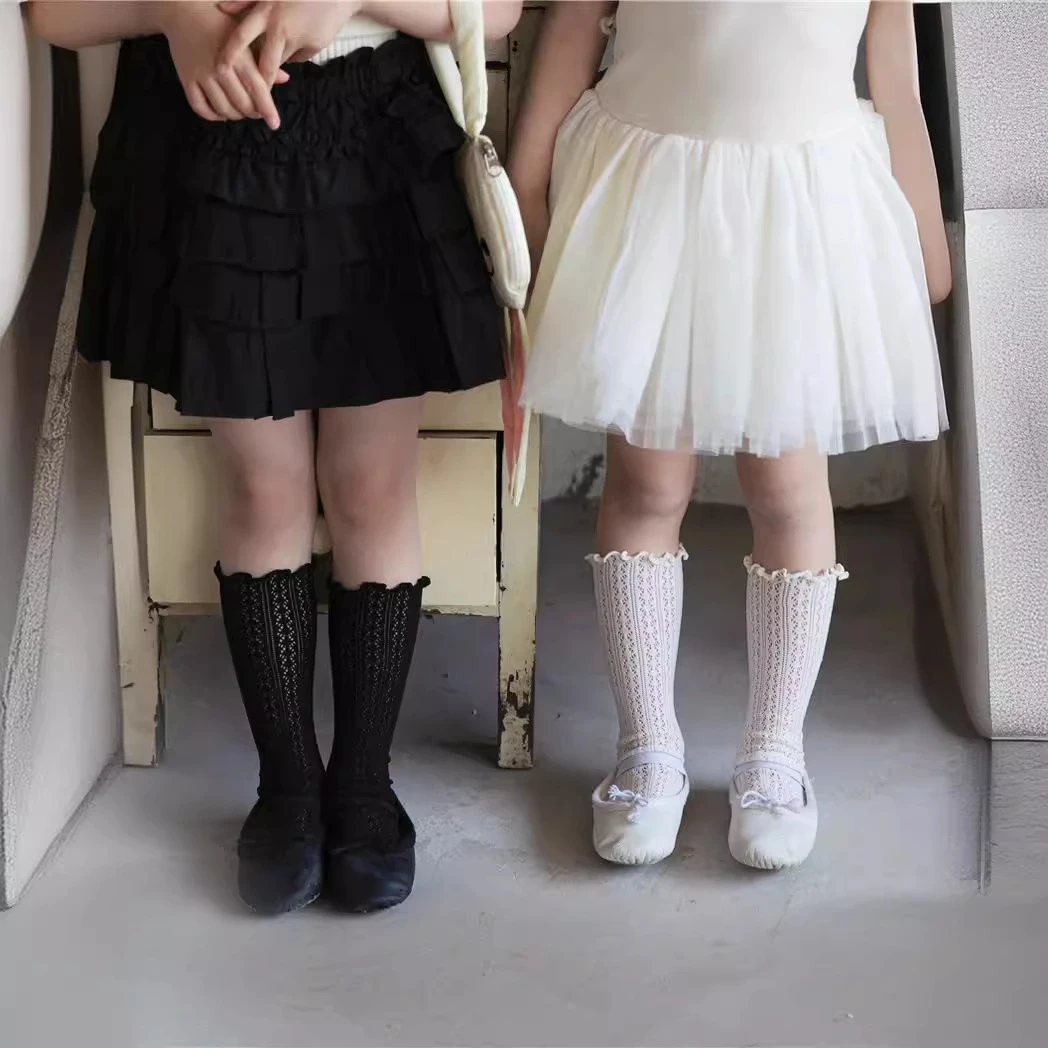女童25夏季新款儿童袜子白色纯色网眼镂空中筒袜精编袜公主袜