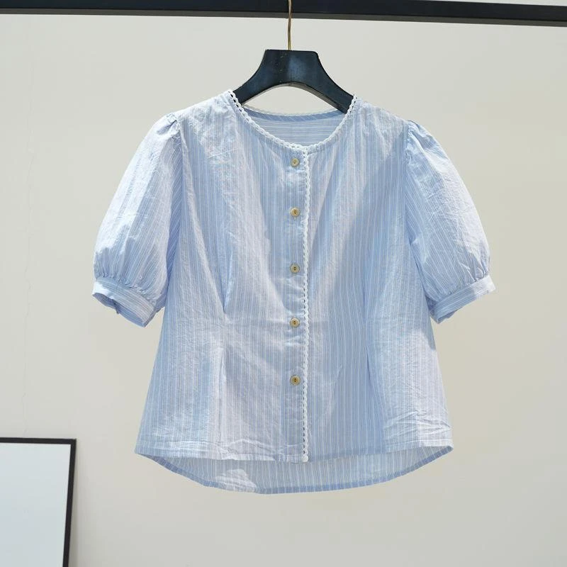 浅蓝色竖条纹棉衬衫女短款收腰衬衣2025夏季新品时尚泡泡袖上衣潮