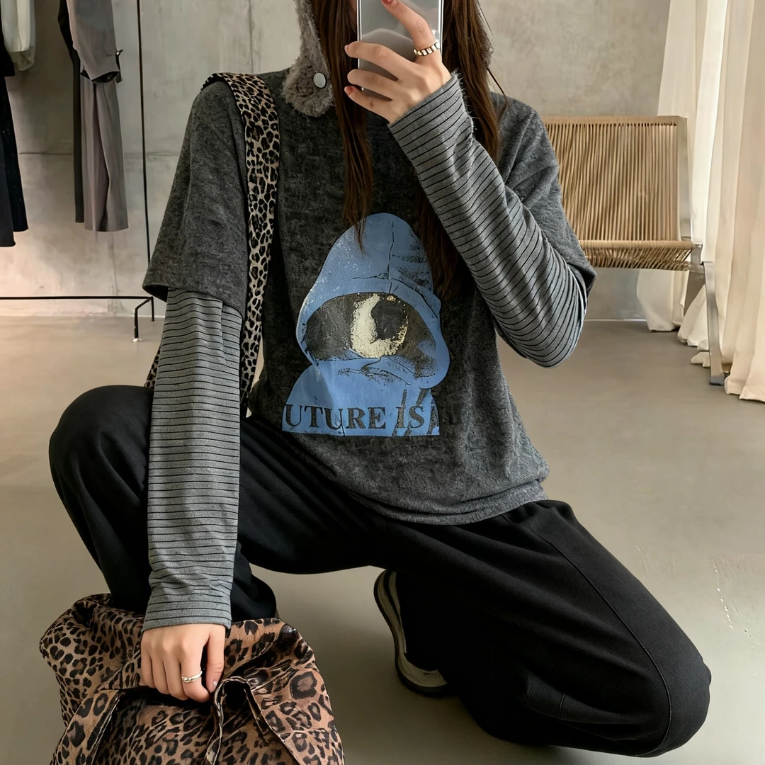 【现货+运补】圆领戴帽小狗假两件上衣长袖条纹韩版休闲时尚百搭