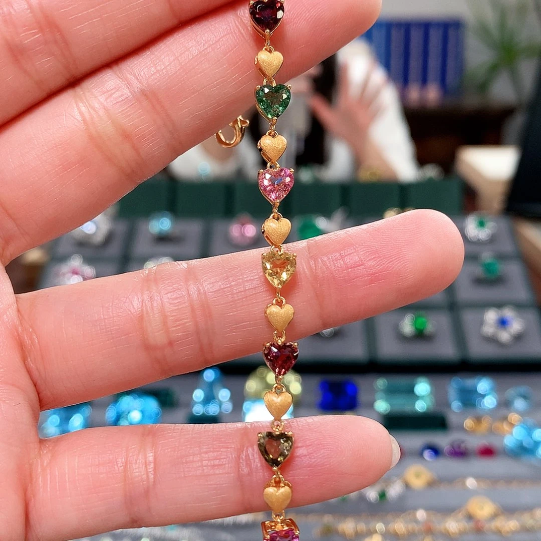 银S925镶嵌碧玺手链爱心手链