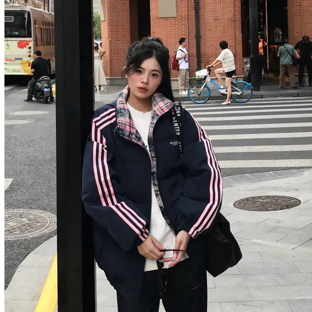 美式街头时尚显瘦潮流三条杠撞色休闲百搭宽松情侣保暖棉服外套