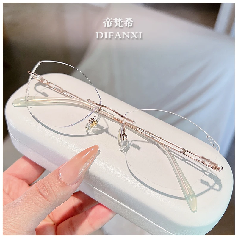 清新超轻无框眼镜架配近视女瘦脸韩版钻石切边防蓝光有度数潮成品