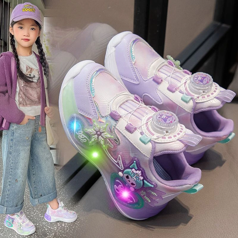 库洛米女童发光鞋2025春新款儿童透气运动鞋中大童纽扣老爹鞋亮灯