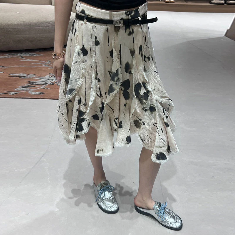 AVVENN2025夏季设计师新品时尚蕾丝拼接半身裙裙子印花百搭中裙