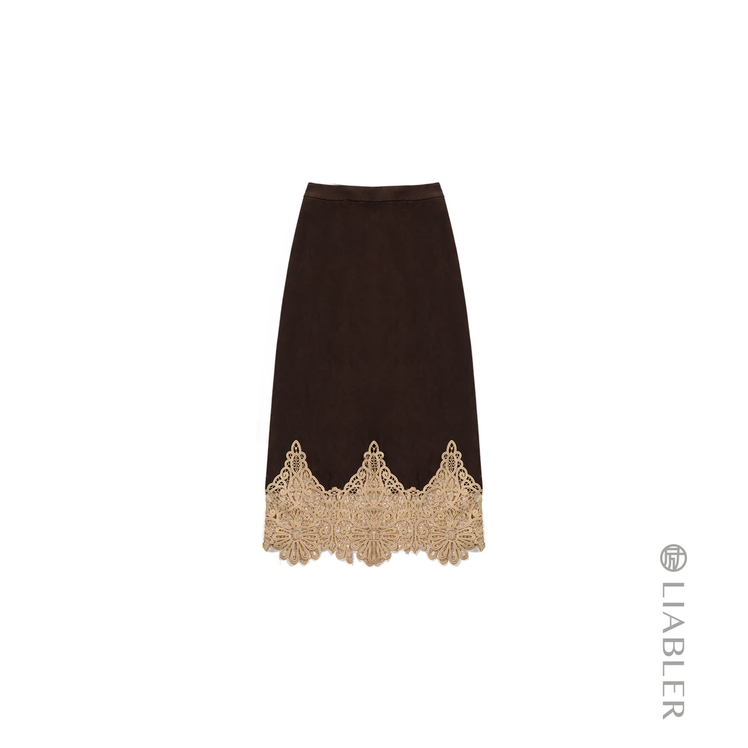 LIABLER/励【清悦】2025早春绒面皮拼接后开叉半裙 LAW241312H