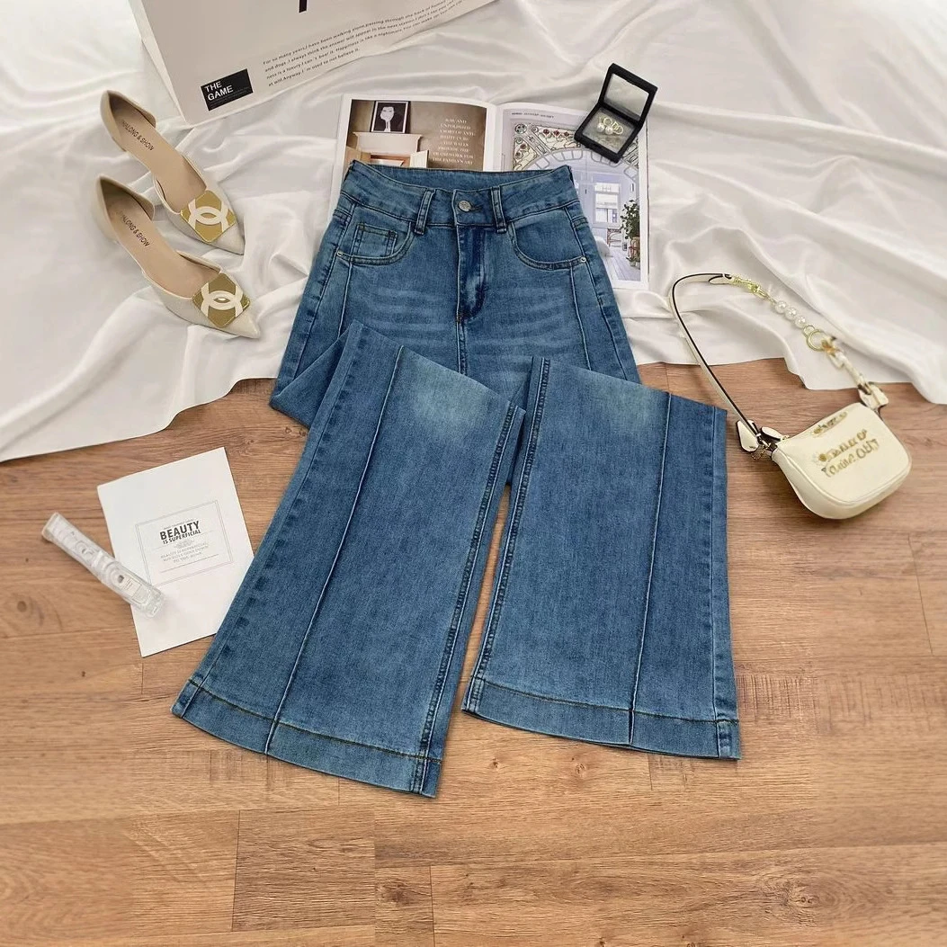 浅色高腰微喇牛仔裤女2025新款网红爆款时尚显瘦拖地长裤喇叭裤子