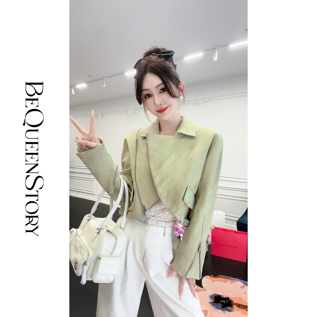 余潇潇【绿野晴风】设计感弧形拉链进口羊皮短款机车服外套